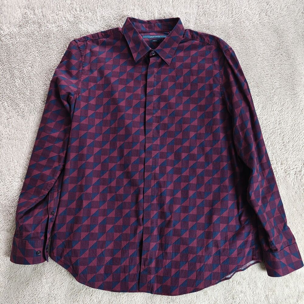 Perry Ellis Dress Shirt Men's XL Burgundy Geometric Print Long Sleeve Stretch